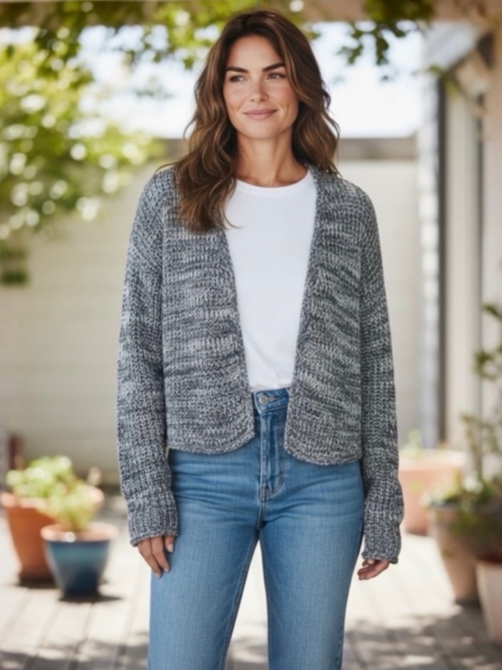 J. Jill Marled Blue Charcoal Cotton Cardigan Large Open Front Chunky Knit Cozy - Picture 15 of 15